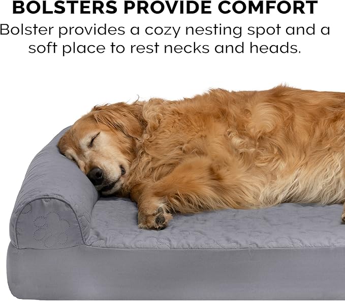 Furhaven Memory Foam Dog Bed for Medium/Small Dogs w/ Removable Bolsters & Washable Cover, For Dogs Up to 35 lbs - Pinsonic Quilted Paw L Shaped Chaise - Titanium, Medium