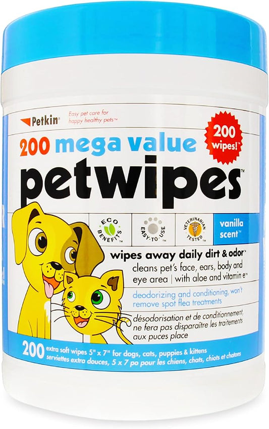 Petkin Mega PetWipes, 200 Wipes - Pet Wipes for Dogs and Cats - For Face, Paws, Ears, Body and Eye Area - Super Convenient Dog Cleaning Wipes, Ideal for Home or Travel - Easy to Use