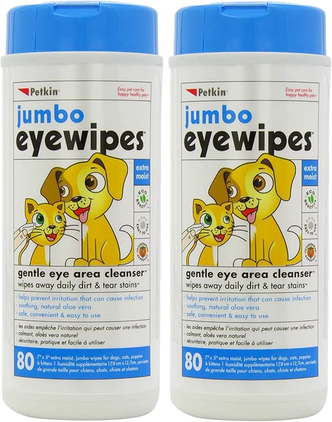 Petkin Jumbo Pet Eye Wipes, 80 Extra Moist Wipes, 2 Pack - Natural Formula Gently Removes Dirt, Discharge, & Tear Stains - Safe, Convenient, & Easy to Use Pet Wipes for Dogs, Cats, Puppies & Kittens