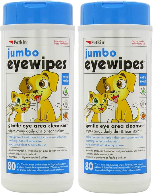 Petkin Jumbo Pet Eye Wipes, 80 Extra Moist Wipes, 2 Pack - Natural Formula Gently Removes Dirt, Discharge, & Tear Stains - Safe, Convenient, & Easy to Use Pet Wipes for Dogs, Cats, Puppies & Kittens