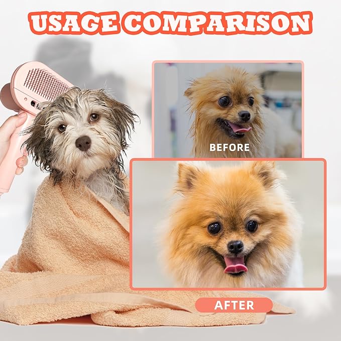 2-in-1 Pet Grooming Dryer and Brush - Overheating Protection, 3 Blowing Modes, Low Noise - Ideal for Small and Medium Dogs/Cats - Slim Handle (PINK)