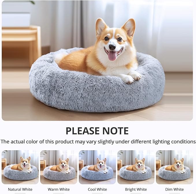 JOLLYVOGUE Dog Beds for Medium Dogs, Anti-Anxiety Washable Round Bed, Calming Donut Dog Cat Bed for Puppy Bed, Fluffy Dog Beds for Medium Dogs, Round Puppy Bed for Indoor Pet (28"/Smoke Gray