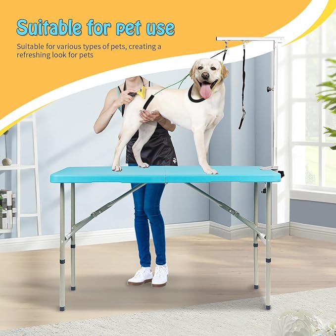 PKNYBZN 47'' Dog Grooming Table, Heavy Duty Pet Grooming Table for Dogs at Home Foldable Grooming Table/Adjustable Arm & Noose, Stainless Steel Professional Dog Show Blue