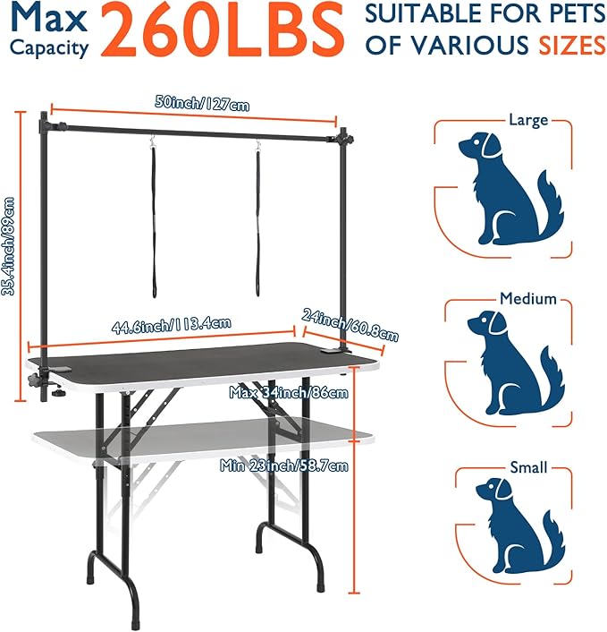 LEIBOU 45'' Height Adjustable(23''~33.8'') and Foldable Pet Dog Grooming Table Heavy Duty Iron Frame with H-Shape Grooming Arm & 3 Noose, Maximum Capacity Up to 260lbs, Black