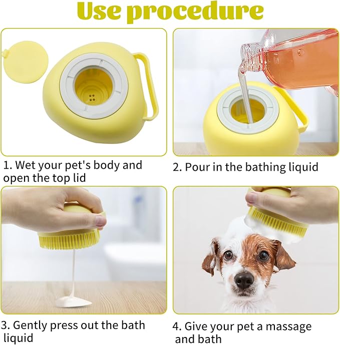 WishLotus Pet Bath Brush, Soft Silicone Cat Grooming Brush Dog Bath Massage Brush Shampoo Dispenser Heart-Shaped Multifunctional Bath Brush for Pet Bath Shower Accessories (Heart-Yellow)