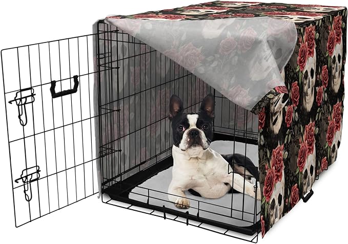 Lunarable Halloween Dog Crate Cover, Mexican Sugar Skull Rose Bouquets Spooky Traditional Humour Culture, Easy to Use Pet Kennel Cover for Small Dogs Puppies Kittens, 22 Inch, Black Grey