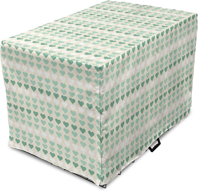 Lunarable Aquamarine Dog Crate Cover, Romantic Pattern with Heart Shapes in Rows, Easy to Use Pet Kennel Cover for Cats & Medium Dogs, 30 Inch, Champagne Laurel Green