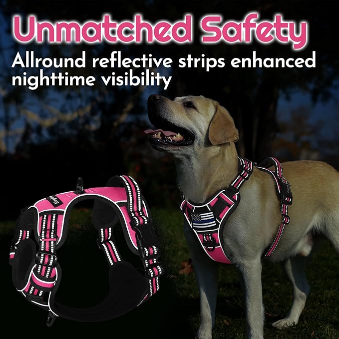 Eagloo Dog Harness Medium Sized, Easy Wearing with 3 Buckles, Adjustable No Pull Pet Harness with 2 Rings for Walking, No Chock Reflective Soft Padded Vest with Control Handle, Pink & Black, M