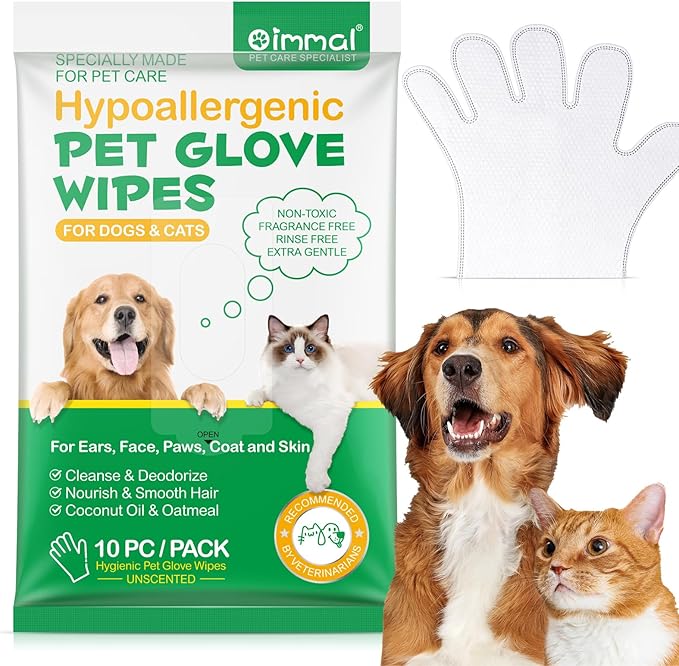 Pet Cleaning Glove Wipes，10 PC Gentle Deodorizing Cleaning Wipes for Dog and Cat Pet Wipes with Coconut Oil and Oatmeal Suitable for Bath, Rooms, Lawns, Outdoor Daily Skin Care (10 counts (pack of 1))
