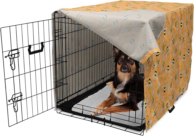 Ambesonne Honey Bee Dog Crate Cover, Cartoon Style Flies and Hexagonal Shapes Scattered, Easy to Use Pet Kennel Cover for Medium Large Dogs, 36 Inch, Orange Mustard