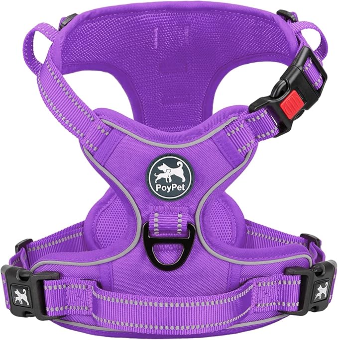 PoyPet No Pull Dog Harness, No Choke Reflective Dog Vest, Adjustable Pet Harnesses with Easy Control Padded Handle for Small Medium Large Dogs(Purple Matching Trim,S)