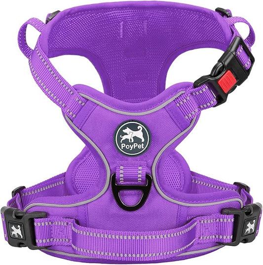 PoyPet No Pull Dog Harness, No Choke Reflective Dog Vest, Adjustable Pet Harnesses with Easy Control Padded Handle for Small Medium Large Dogs(Purple Matching Trim,L)
