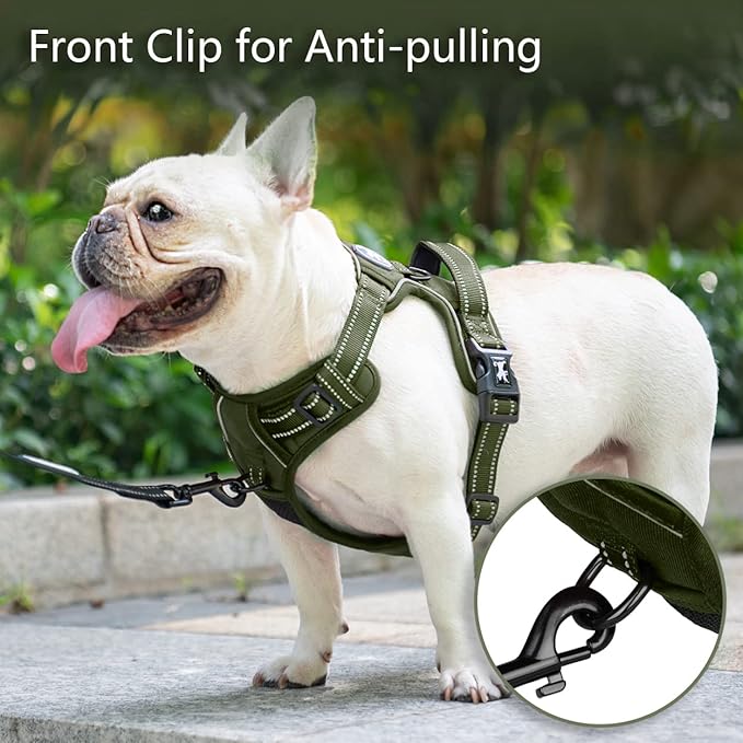 PoyPet No Pull Dog Harness, No Choke Reflective Dog Vest, Adjustable Pet Harnesses with Easy Control Padded Handle for Small Medium Large Dogs(Military Green,M)