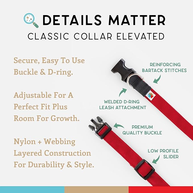 Dog Collar, Lightweight, Heavy Duty Dog Collar with Buckle, Fabric Pet Collar, Breathable & Adjustable Puppy Collar, Dog Collar for Large Dogs (Red, Large - 14-24 Inch) - Wildebeest