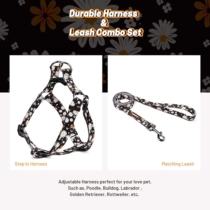 QQPETS Dog Harness Leash Set Adjustable Heavy Duty No Pull Halter Harnesses for Small Medium Large Breed Dogs Back Clip Anti-Twist Perfect for Walking (S(14"-20" Chest Girth), White Daisy)