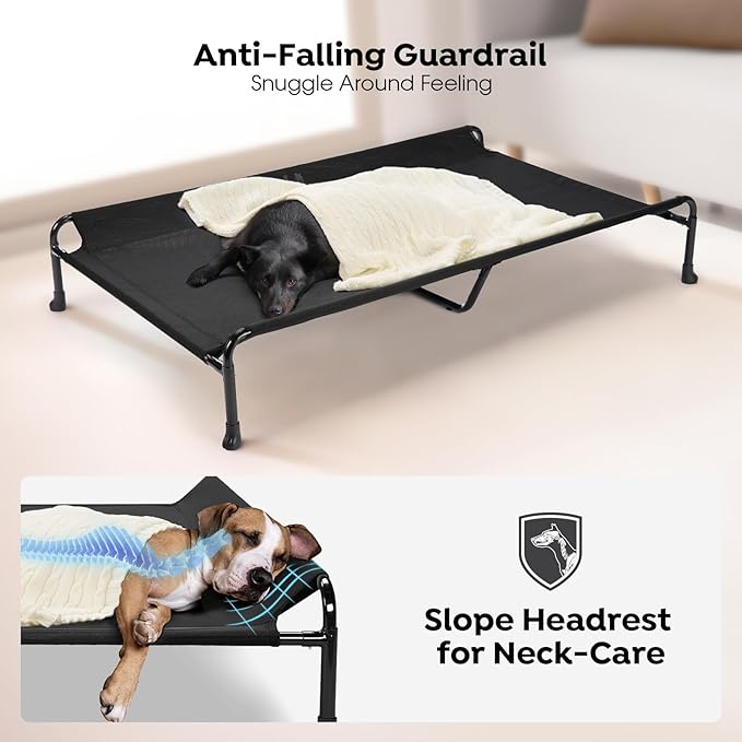 Veehoo Cooling Elevated Dog Bed, Raised Dog Beds for Large Dogs, Outdoor Dog Bed with Guardrail, Upgraded Non-Slip Feet, Breathable Teslin Mesh, Portable Camping Dog Cot, 53 x 33 Inches, Black
