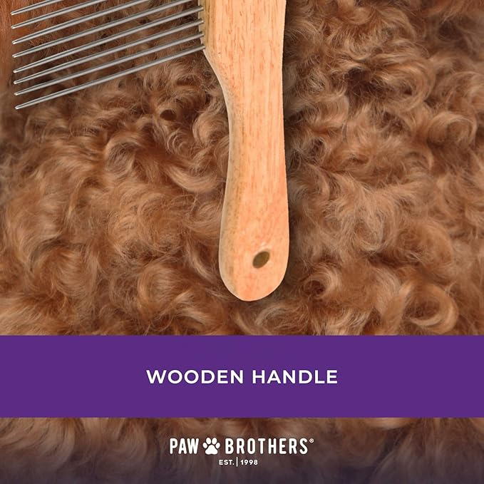 Ryan's Pet Supplies Paw Brothers Poodle Comb Brush for Dogs, Professional Grade, Wooden Ergonomic Handle, Stainless Steel Teeth, Dematting Comb for Dogs, Extra Long Teeth