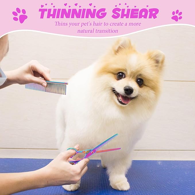 7 Inch Professional Pet Grooming Scissors Set, Curved Straight Dog Scissors, Thinning Shears, 8 in 1 Kit with Comb, Silver, Stainless Steel
