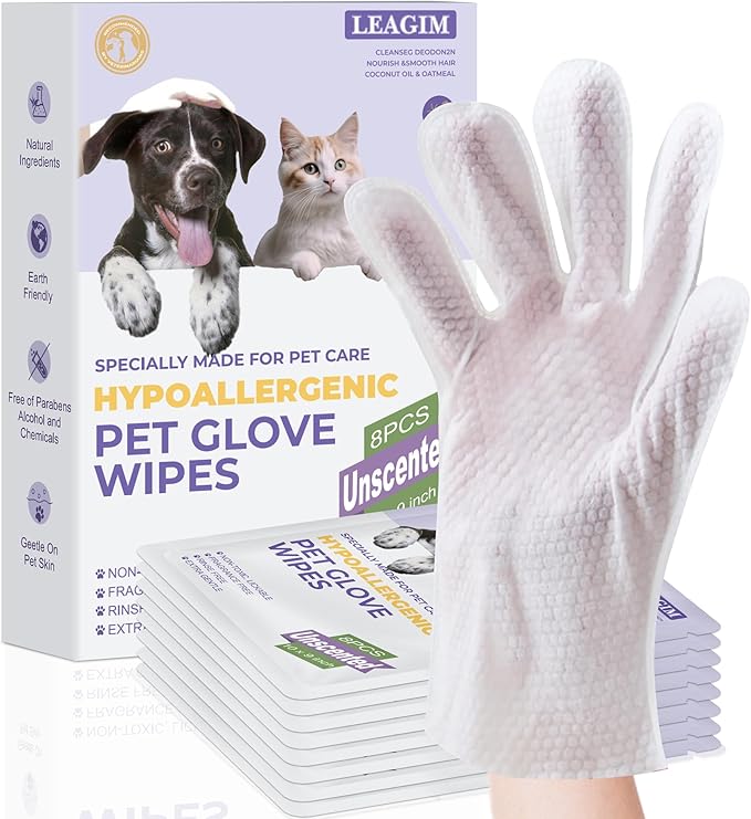 Pet Cleaning Glove Bathing Wipes for Dogs and Cats, Deodorizing No-Rinse Grooming Wipes for Paws, Body, and Butt, Perfect for Pet Dry Cleaning, Daily Care and Travel, Hypoallergenic, Unscented, 8 Pcs