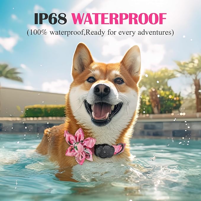 Airtag Dog Collar for Medium Dogs, Rose-Pink Dog Collars Girl with AirTag Holder Waterproof Airtag Case, Including Flower Spring Dog Collar Bowtie, for All Female Dogs ﻿
