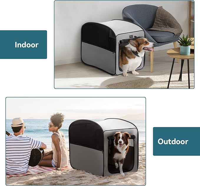 Petsfit Travel Dog Crate，Pop Up Dog Crate for Medium Large Dogs，Waterproof Pet Cage Soft Dog Kennel for Indoor/Outdoor，Lightweight Dog Carrier for Travelling，Grey