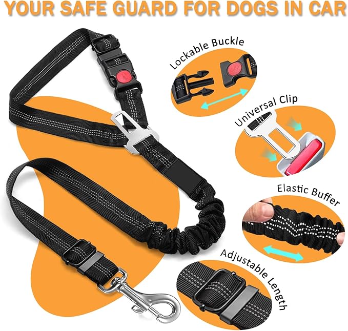 Vehicle Harnesses, 2 in1 Dog Belts for Cars, 2 Pack Pet Harnesses Headrest Restraint Clip Adjustable Dog Car Harness Belt with Anti-Shock Elastic Bungee Buffer for All Vehicles (Black)