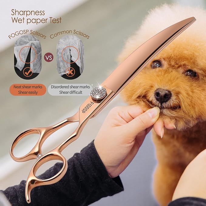 Rose Gold Titanium Curved Dog Grooming Scissors 8'' Downward 30° with Jewelled Screw Japan 440C Professional Pet Grooming Trimming Shears for Large Dogs Poodle(8,Curved)
