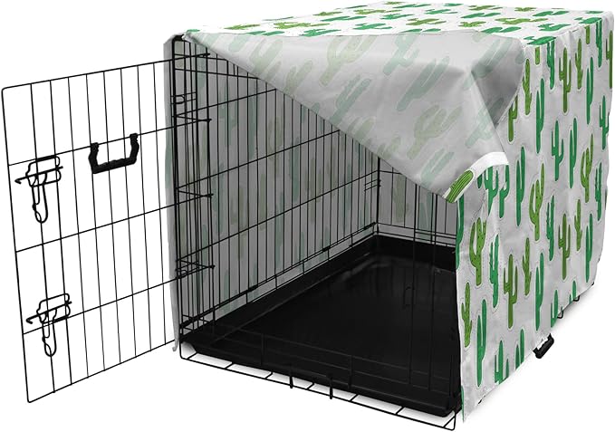 Lunarable Cactus Print Dog Crate Cover, Hand Drawn Cutout Style Cactus Plants Warm Climate Botany with Thorns, Easy to Use Pet Kennel Cover for Cats & Medium Dogs, 24 Inch, White Lime Green