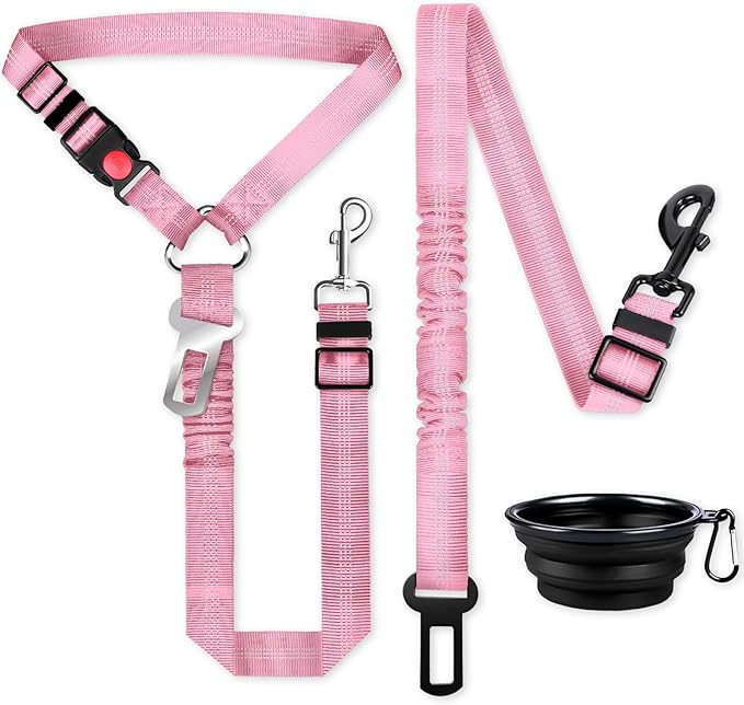 Dog Seat Belt for car, 3 Piece Set Retractable Dog Car Harness 2 Pack Adjustable Seatbelt for Dog in car, Nylon Pet Safety Seat Belts Tether Heavy Duty and Reflective Dog car Leash, Pink