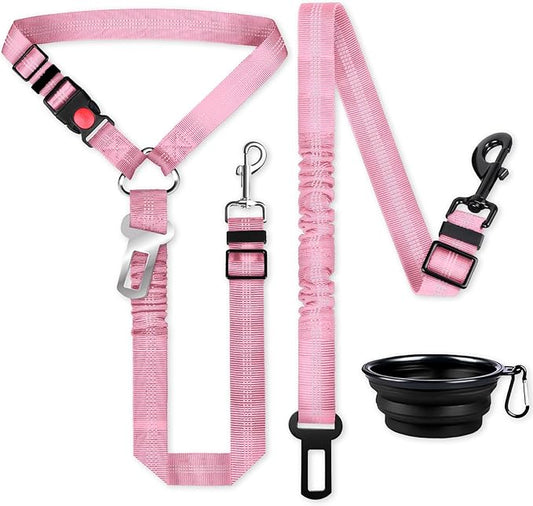 Dog Seat Belt for car, 3 Piece Set Retractable Dog Car Harness 2 Pack Adjustable Seatbelt for Dog in car, Nylon Pet Safety Seat Belts Tether Heavy Duty and Reflective Dog car Leash, Pink