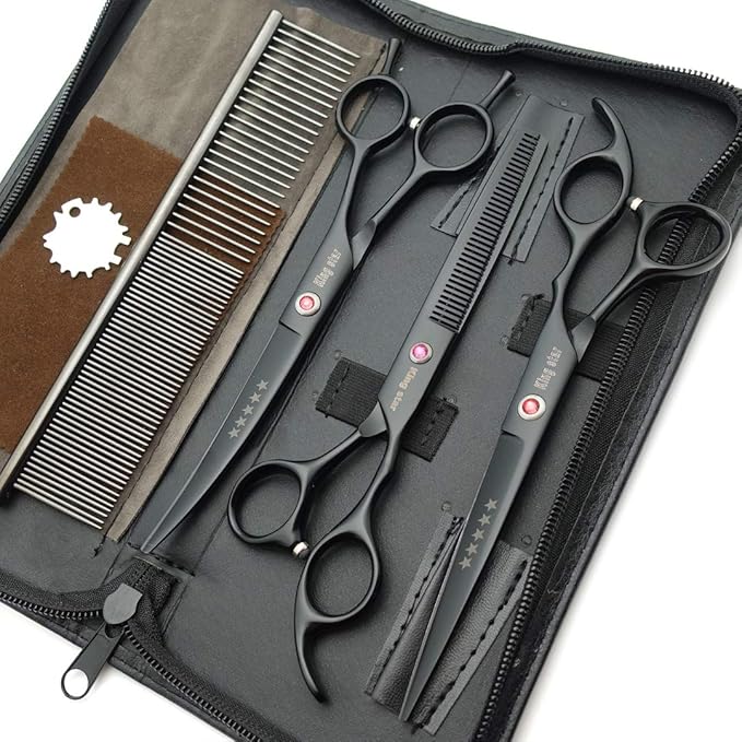 Kingstar 7.0in. Matt Black Professional Pet Grooming Scissors Set,Straight & Thinning & Curved Scissors Set with Comb case A389