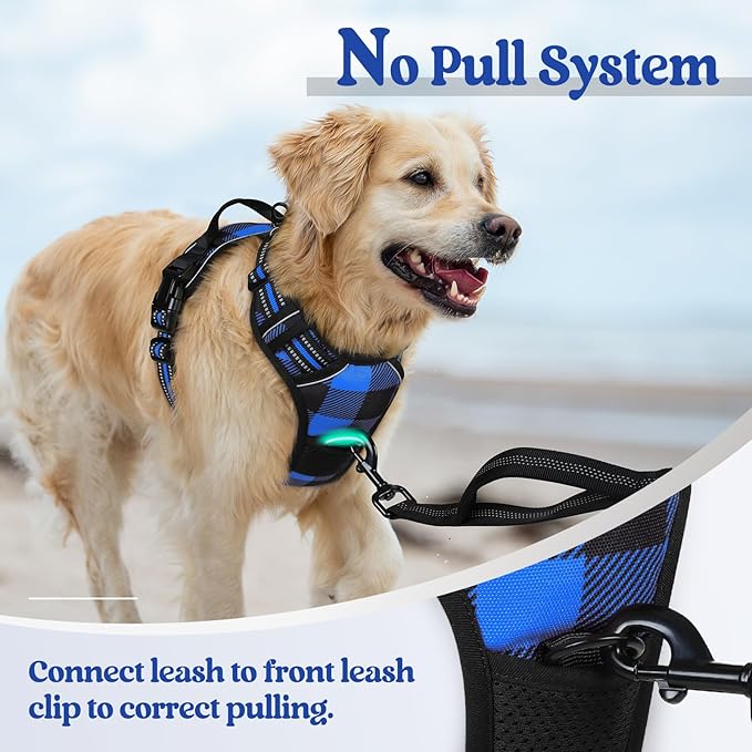 rabbitgoo Dog Harness Medium Sized Dog No Pull, Comfortable Padded Plaid Dog Harness with Handle Easy Control, Adjustable Reflective Puppy Pet Harness Vest with 2 Leash Clips, Blue Plaid, M