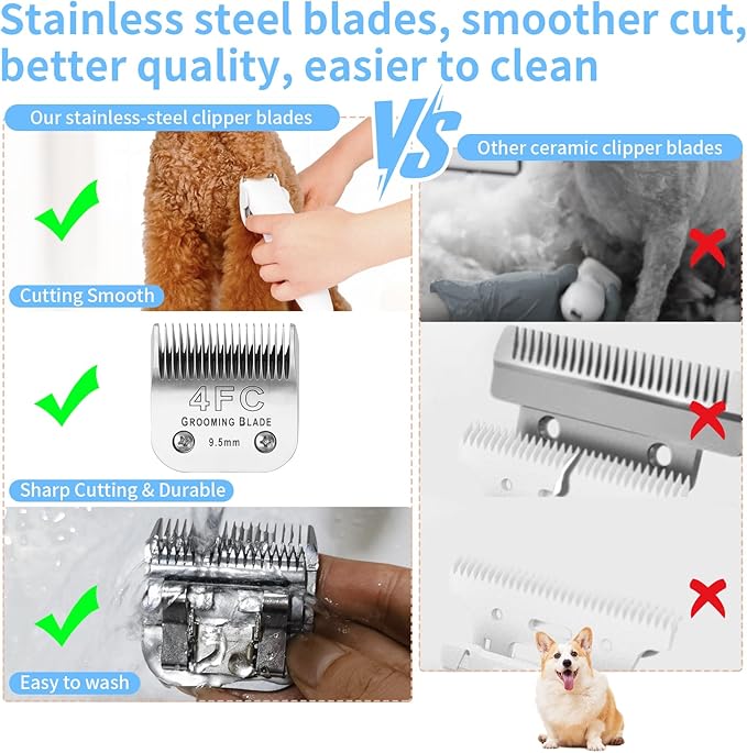 3 Pcs Size 4FC Detachable Dog Grooming Blades, Compatible with Andis, Oster A5, Wahl KM10 Series Clippers, Cut Length 9.5mm, Silver(4FC 9.5mm, 3Pcs)