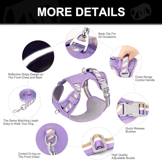 No Pull Dog Harness and Leash Set,Reflective Dog Harness with Easy Control Soft Handle,Adjustable and Comfortable for Easy Walking,Fit Small Medium Large Breed Dogs,Purple,M