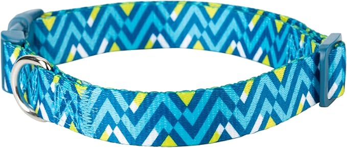 Mile High Life Dog Collar | Cute Puppy Collars | Lightweight Girl Dog Collar | Soft Boy Dog Collars | w Geometric Ocean Wavy Pattern (Light Blue/Hot Blue, Small)