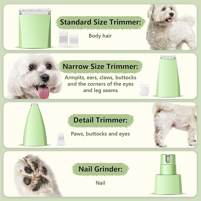 Dog Grooming Kit with LED Light, Low Noise Rechargeable 4 in 1 Pet Clippers for Matted Hair, Cordless Electric Cat Paw Trimmer Dog Nail Grinder, Grooming Supplies for Cat and Small Dogs