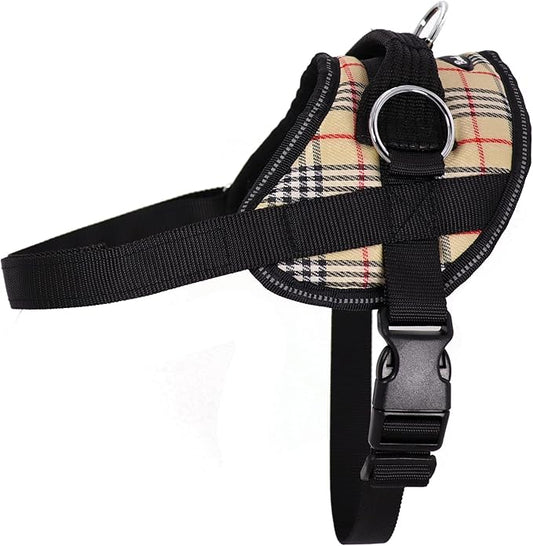 Bark Appeal Tan Plaid No-Pull Dog Harness for Small to Medium Sized Pets – Adjustable, Reflective Vest with 3 Leash Clips for Added Control, Easy Walks & Training – Medium