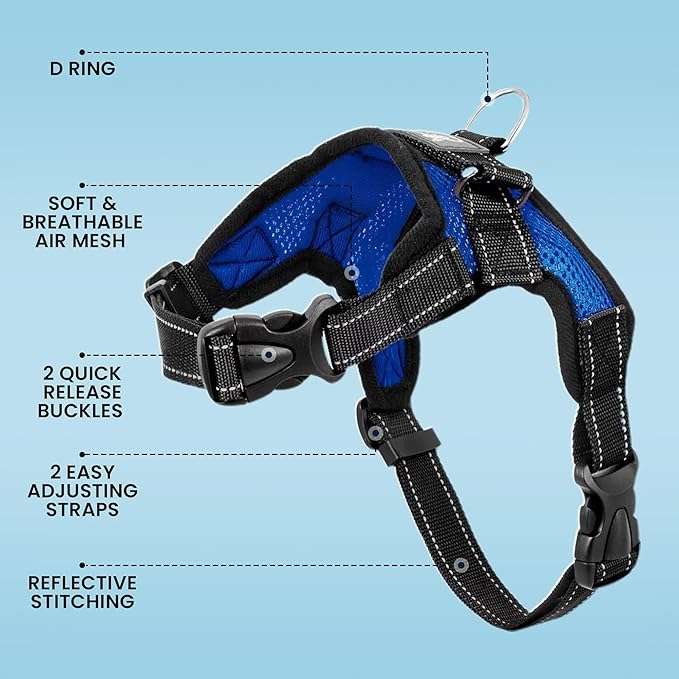 No Pull Reflective Adjustable Dog Harness With Handle- Comfortable Soft All Weather Mesh, Easy On Puppy Harness For Small Medium and Large Dogs (Blue) X-Large