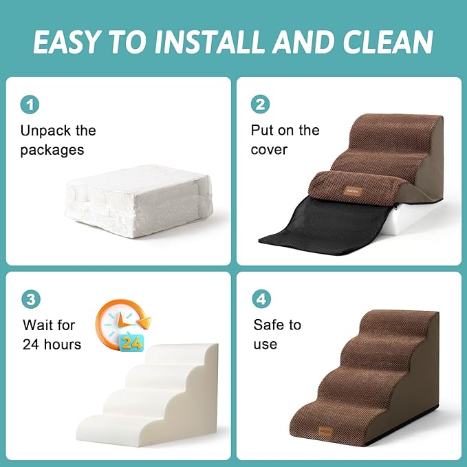Dog Stairs for Chair, Small Dogs Steps for Cat, Sofa or Couch, Pet Ramp with Leakproof Cover, Lightweight, High Density Foam, Non-Slip, Durable, 15.7x19.7x11.8in, 2 Tiers, Brown