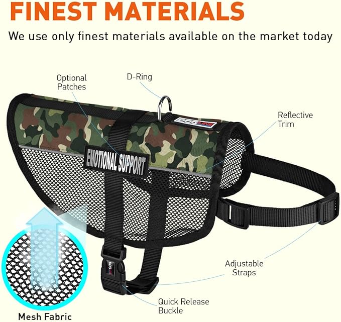 Dogline MaxAire Vest Emotional Support Removable Patch Adjustable Harness Reflective for Puppies Small Medium and Large Dogs 13 by 16 Inch Girth Green Camo