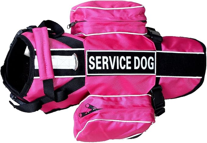 Service Dog Harness, Saddle Bag Backpack Carrier Outdoor Travel Hiking Camping Harness, Removable Saddle Bags and Patches (Hot Pink, M Girth 20-24")