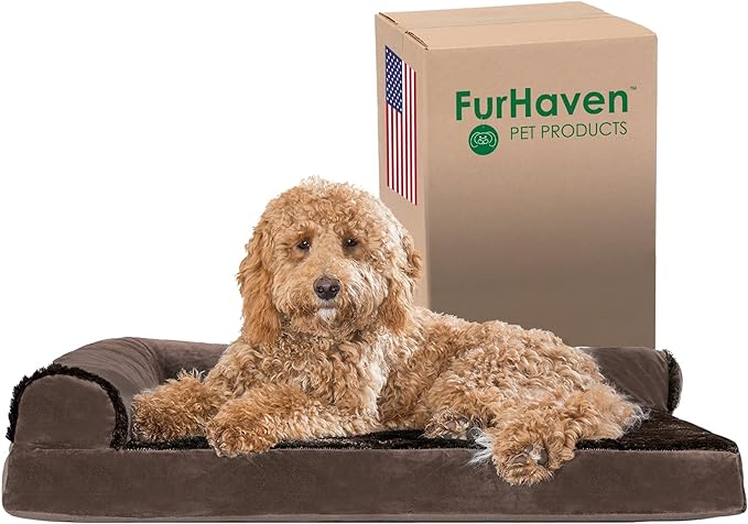 Furhaven Orthopedic Dog Bed for Large/Medium Dogs w/ Removable Bolsters & Washable Cover, For Dogs Up to 55 lbs - Plush & Velvet L Shaped Chaise - Sable Brown, Large
