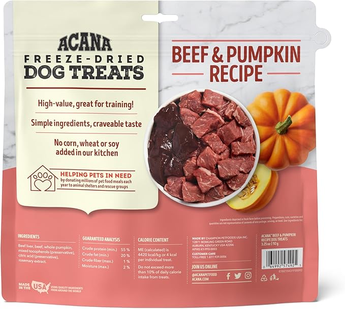 Singles Freeze Dried Dog Treats, Limited Ingredient Grain Free Beef & Pumpkin Recipe, 3.25oz