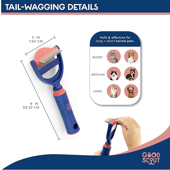 Good Scout 2-in-1 Dual-Head Pet Hair Comb, Best Deshedding Tool for Dogs & Cats, Gentle, Safe & Effective Grooming Tool for Short or Long Haired Animals