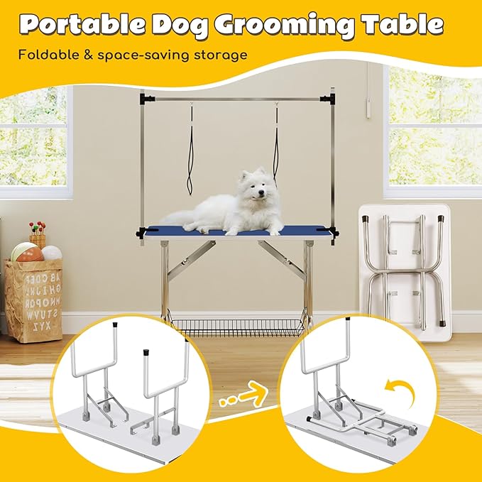 Grooming Table for Dogs, 46" Portable Grooming Table for Large Dogs at Home, Foldable Dog Grooming Table with Arm, Noose, Mesh Tray, Maximum Capacity 300 LBS, Blue
