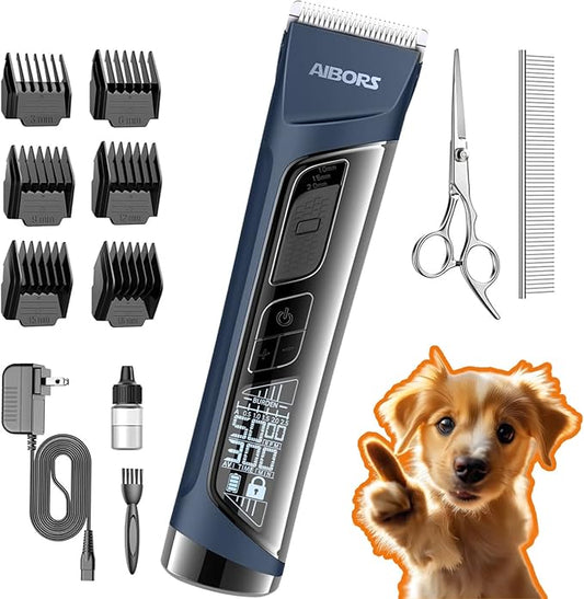 Dog Clippers for Grooming Low Noise - 5 Speed Dog Grooming Clippers with LCD Display, Cordless Pet Hair Clippers Trimmer for Dog & Cat, High Power, Blue