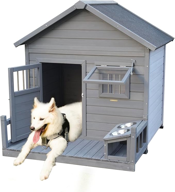 Open Waterproof Asphalt Roof Large Dogs House with Spacious Terrace,Outdoor Dog Kennel W/Small Wooden Door,Breathable Window & 2 Feeding Stainless Bowls,Fir Wood Dog Cage for Large Dogs,Gray