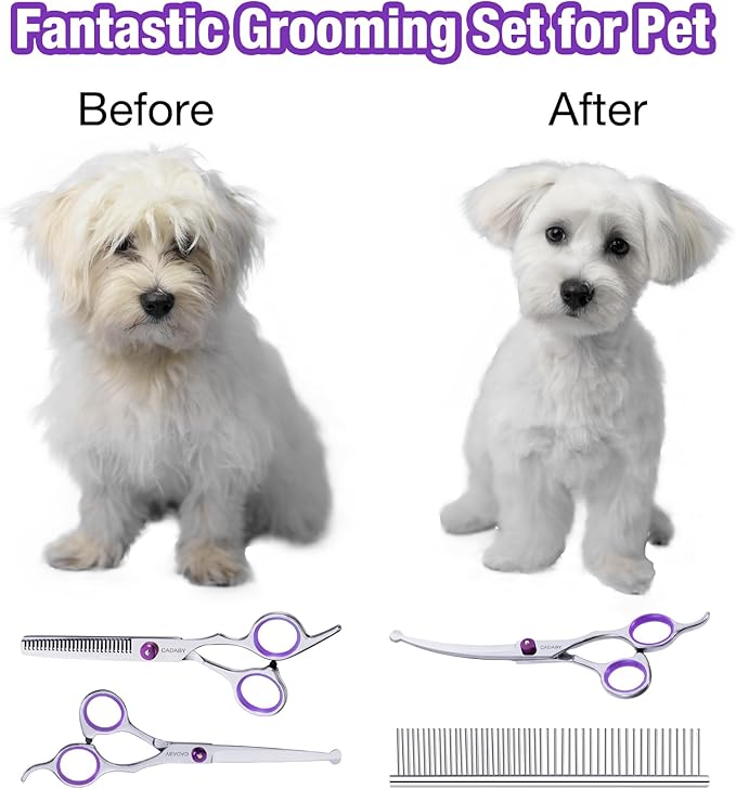 Professional Dog Grooming Scissors with Safety Round Tips, 5 in 1 Dog Grooming Scissors Kit, 4CR Stainless Steel Pet Grooming Shears for Dog, Cat,Sharp and Sturdy, Purple