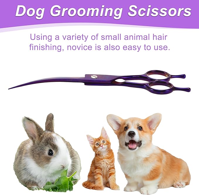 Dog Grooming Scissors, with Ergonomic Handle, Pill Popper for Cats, Upper Bend Shears, Stainless Steel Curved Shears for Dogs Cats, Purple, 7.5inch