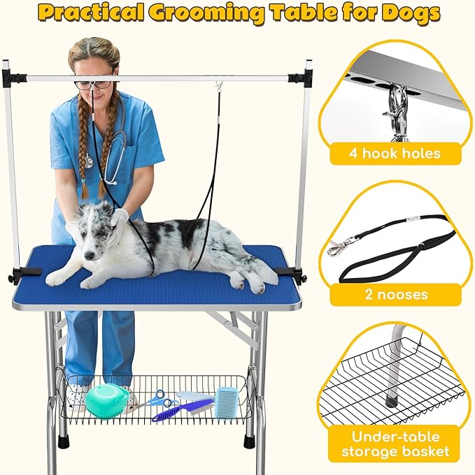 Grooming Table for Dogs, 46" Portable Grooming Table for Large Dogs at Home, Foldable Dog Grooming Table with Arm, Noose, Mesh Tray, Maximum Capacity 300 LBS, Blue